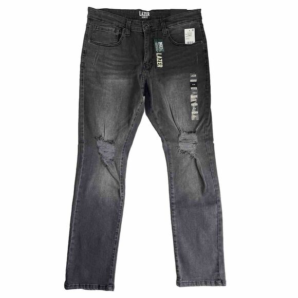 Mens Black Faded Ripped Slim Fit LAZER Jeans Stretchy Denim Mid Rise Size 34x32